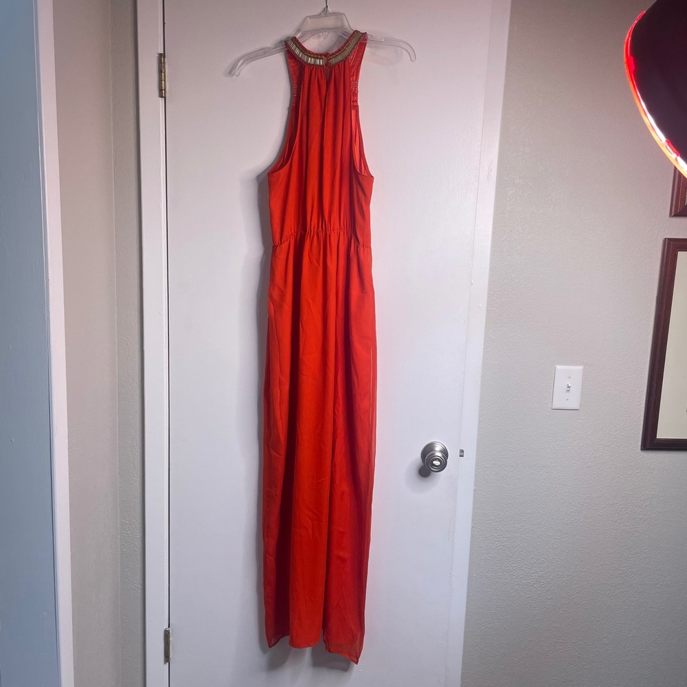 Charlie Jade Orange 100% Silk Beaded Halter Maxi Dress Side Slit C2324-ORG NEW - Picture 3 of 9